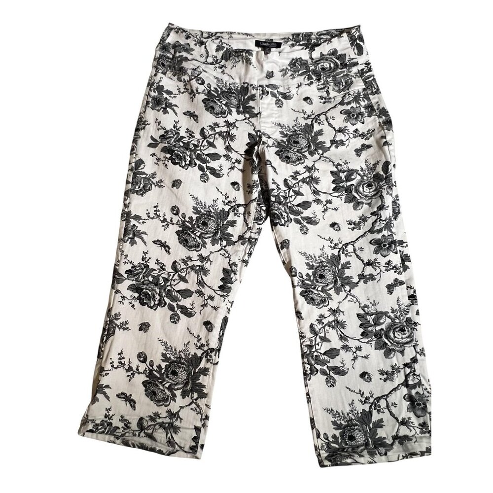 Chadwicks Capri Pants Womens size 14P Black‎ White Floral Print Linen Cropped